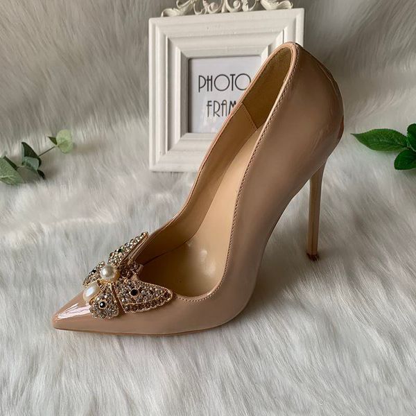 

fashion women shoes lady nude red patent leather bee crystal strass point toe bride wedding shoe high heels 12cm 10cm 8cm party, Black