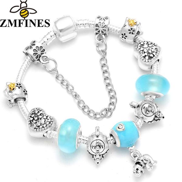 

charm bracelets cute elephant pendant for women blue crystal murano glass beads snake chain bracelet kids jewelry drop, Golden;silver