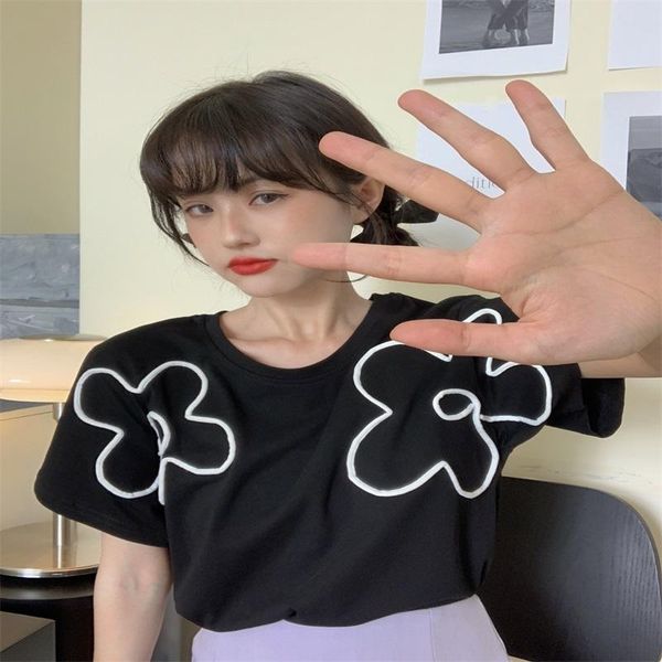 

women's t-shirt short sleeve black women korean kawaii streetwear chic floral patch casual all match 2021 summer elegant tee, White