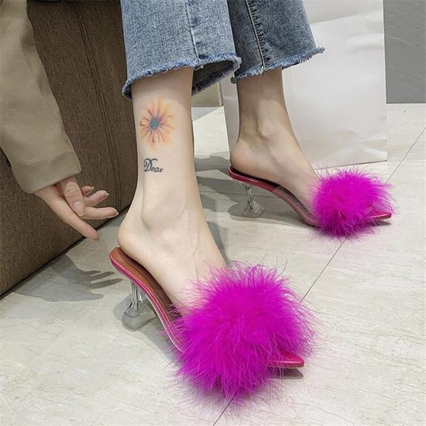 

slippers pvc fluffy terlik peep toe transparent high heel summer fashion slip on thin heels slides women mules, Black