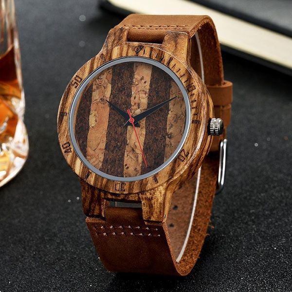 

wristwatches stripe cork wood wristwatch mens women wrist quartz watch men ladies leather strap vintage original stitch watches clock, Slivery;brown