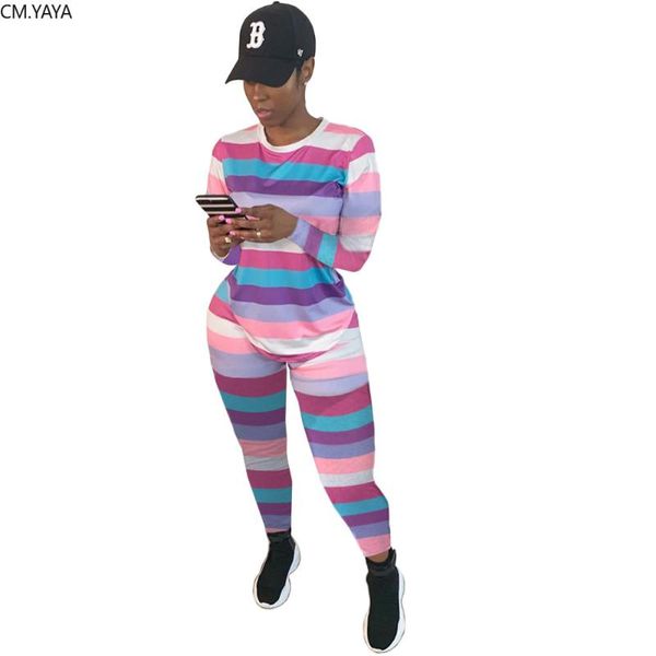 

two piece dress autumn rainbow stripes wome's set long sleeve tee pencil pants suit elegant streetwear tracksuit outfit gl8131, White