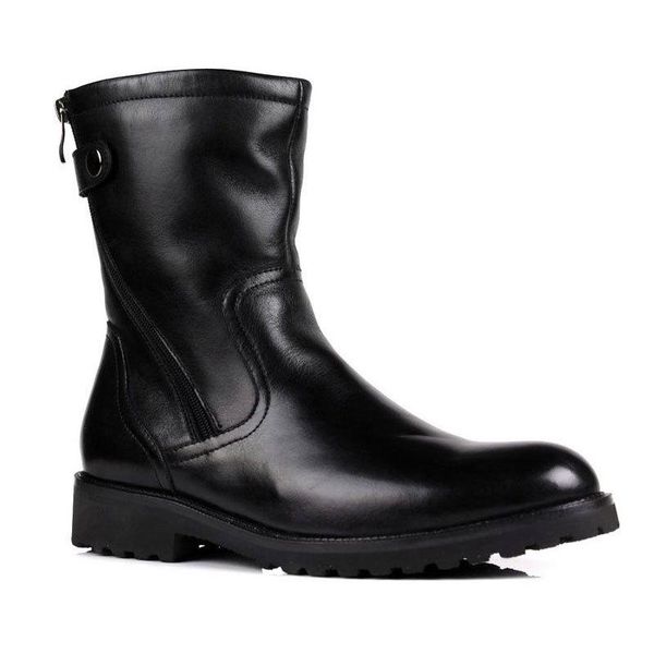 

boots mens winter fur lining snow warm genuine leather mid-calf with buckle antiskid platform italian shoes male footwear, Black