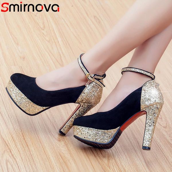 

dress shoes smirnova 2021 arrive women pumps round toe spring summer buckle sequin single high heels platform wedding woman, Black