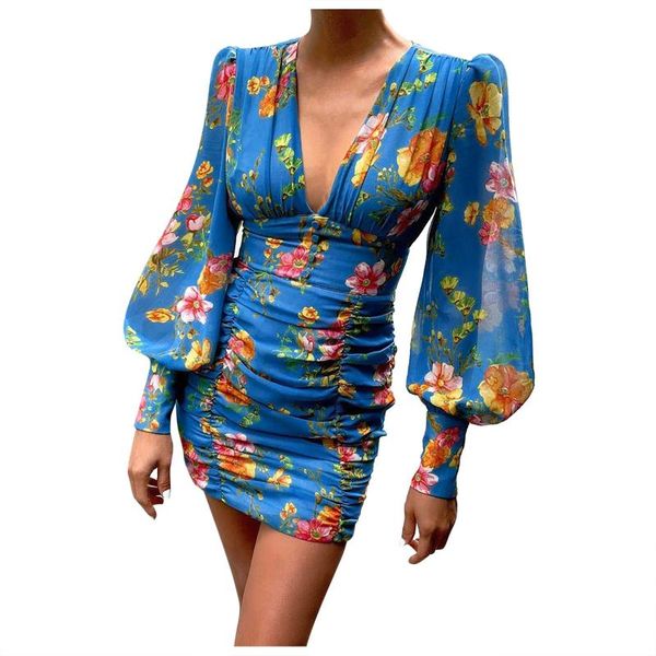 

casual dresses women deep v neck floral print long lantern sleeve ruched dress 2021 summer elegant female bodycon party vestido, Black;gray