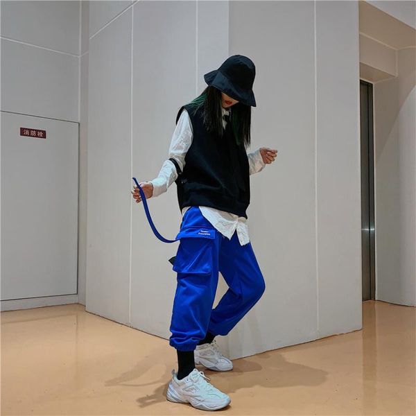 

women's pants & capris embroidery cargo pocket patchwork long tassel strap jogger pant winter autumn sweatpant tracksuit trouser hiphop, Black;white