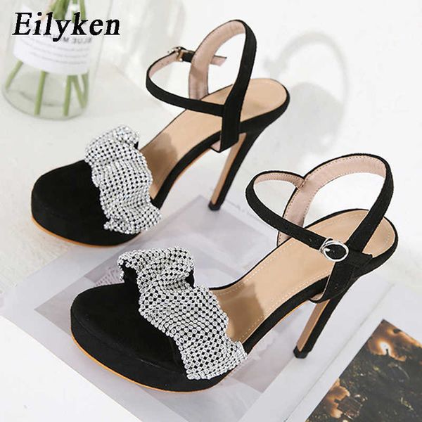 

2022 classic luxury new design crystal pleated women platform sandals summer party nightclub ultra high heels buckle strap shoes paris desig, Black