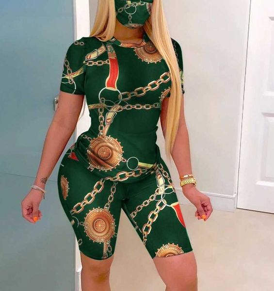 

hhdmv 2020 women england style set chain print clothing fitness o-neck sport suit women short sleeve two pieces set p0810, Gray