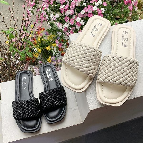 

summer slipper open toe flat slippers women shoes woman slides solid leather cross beach slippers 2021 flip flops plus size a3t, Black