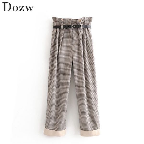 Fashion Paper Bag Plaid Pantaloni Donna Telai Decora pantaloni lunghi pieghettati Tasche donna Pantaloni larghi larghi Pantalon gamba larga 210515