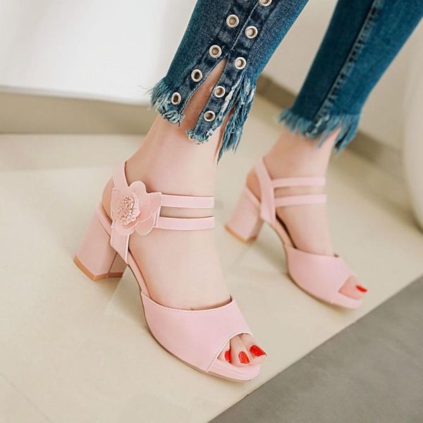 

big size high heels sandals women shoes woman summer ladies flowers, fish-beaks, buckled low-heeled, Black