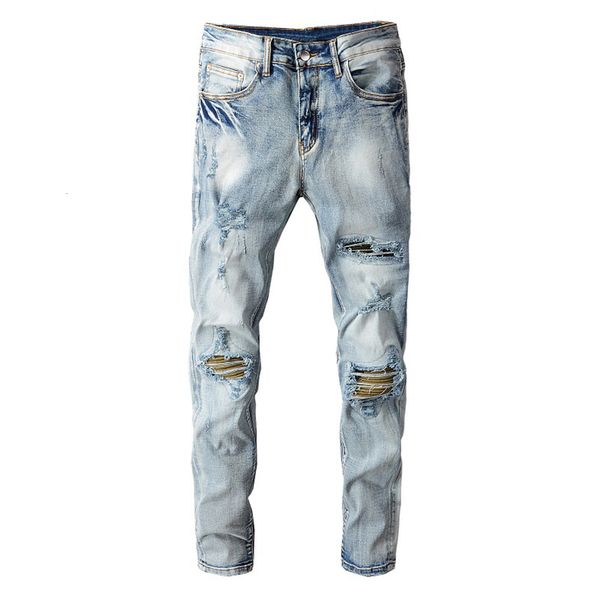 

fashion jeans men's ripped biker streetwear holes patchwork slim skinny stretch denim pencil pants trousers, Blue