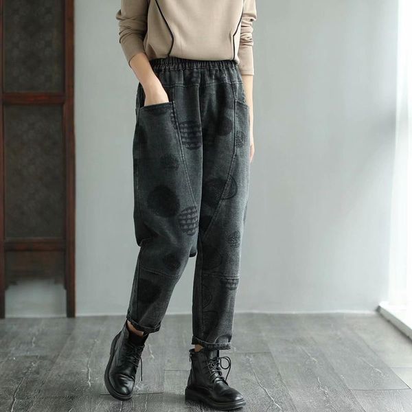 

plus size women's vintage printed ankle jeans casual harem denim pants, Blue