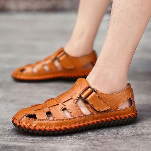 

beach slippers sandals men's summer shoes fashion cow leather slippers casual large zf93, Black