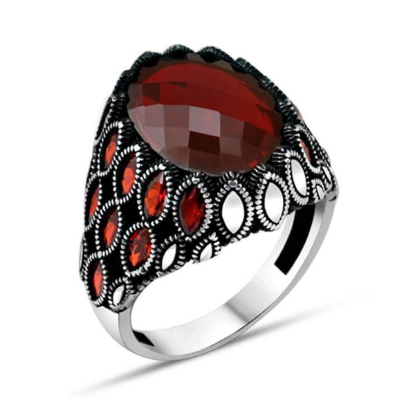 

cluster rings men silver ring with red zircon stone made in turkey solid 925 sterling, Golden;silver