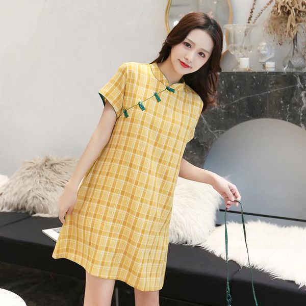 

summer improved cheongsam loose fashion young short sleeve plaid girl dress ethnic clothing, Red