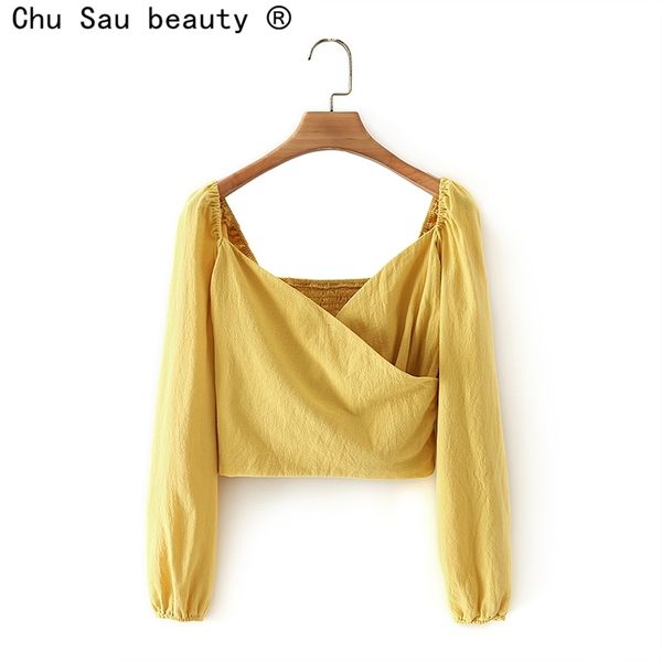 

spring street v neck long sleeve back elastic folds pullover short slim women's clothing solid color 210508, White