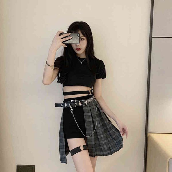 

irregular gothic style skirts plaid women asymmetrical high waist pleated mini female punk skirt, Black