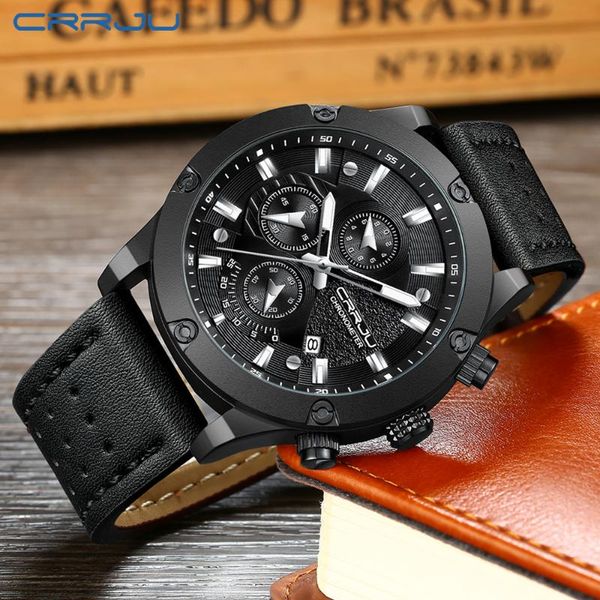 

wristwatches relogio 2021 crrju men watch male quartz watches leather automatic date mens waterproof sport clock, Slivery;brown