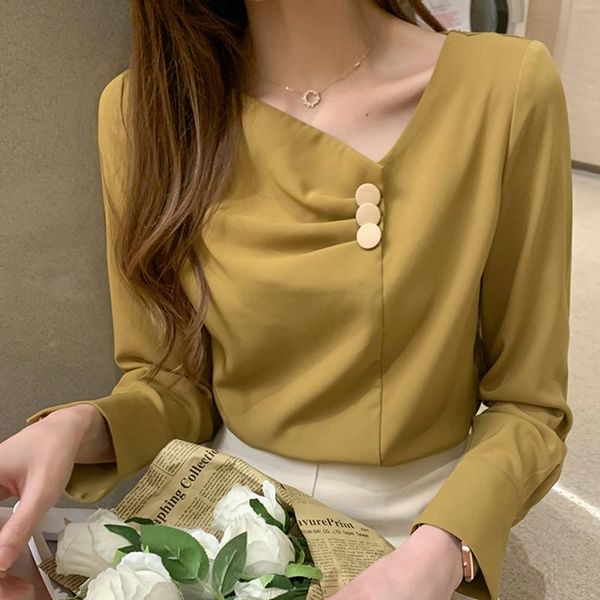 

women's blouses & shirts chemisier femme v-neck button chiffon blouse long sleeve women shirt 2021 pullover autumn office lady woman c, White
