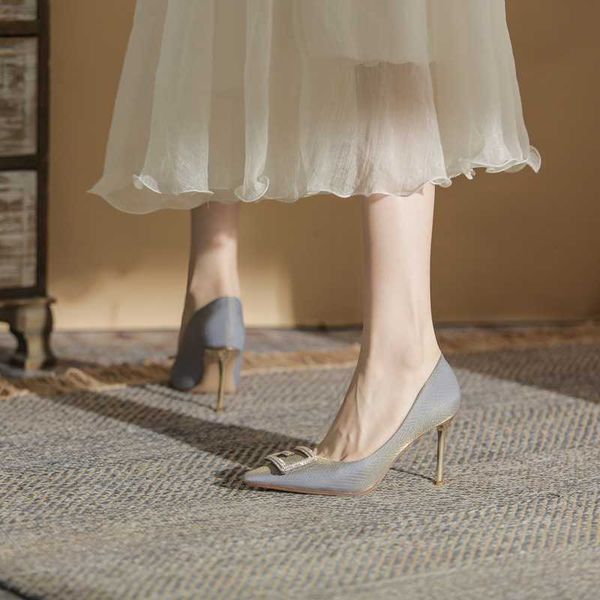 

dress shoes high heels pointed heel's thin winter versatile gradient shallow mouth square buckle silk single shoes, Black