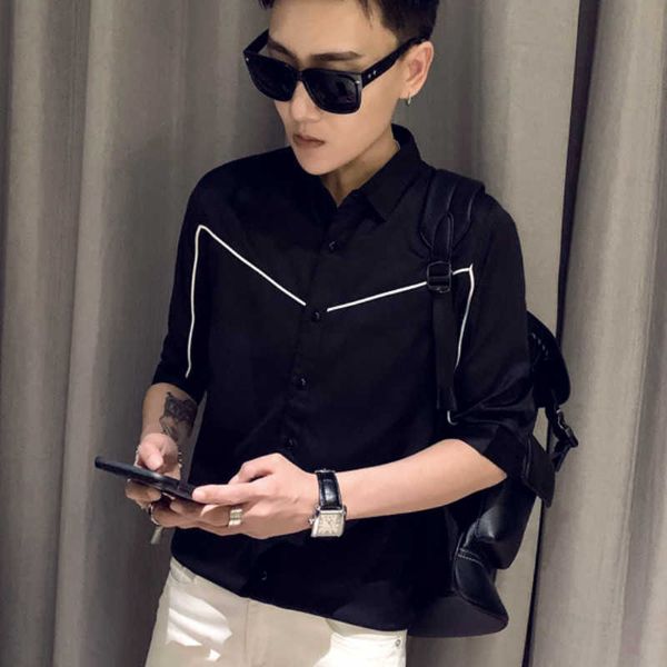 

summer shirts men short sleeve streetwear shirts solid slim fit streetwear social party nightclub blouse chemise homme 210527, White;black