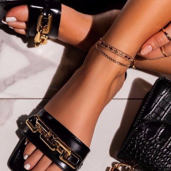 

slippers women's flat summer shoes metal chain decor peep toe k7, Black