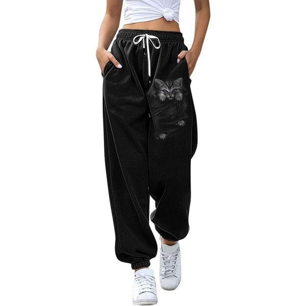 

women's pants & capris print sweatpants cute cat animal pockets trousers high waist sporty gym bottom athletic fit jogger lounge t6, Black;white