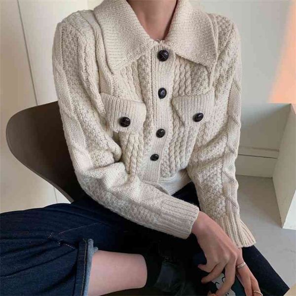 

korean casual chic all-match cardigan sweaters autumn winter vintage jumper women long sleeve pocket short sweater coat 210514, White;black