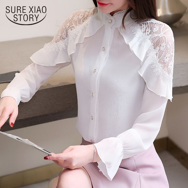 Outono coreano branco preto chiffon moda camisa mulheres mangas compridas senhoras tops blusa de renda 4380 50 210417