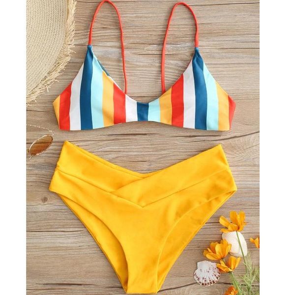 

two-piece suits bikini 2021 women gathered patchwork swimwear striped biquini fresh sling swimsuit two piece bathing suit floral beachw