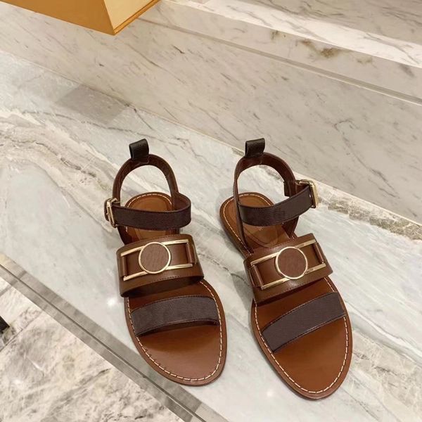 

women's sandals with waxy oil cowhide fabric brown black stitching retro sandal fashionable metal buttons women's summer casual sh