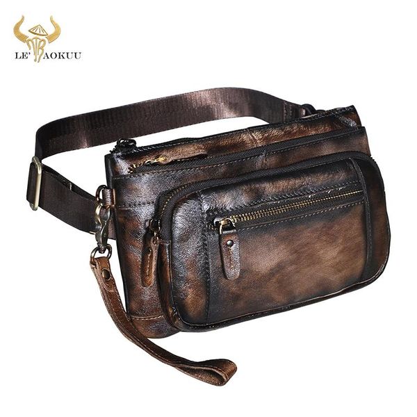 

vintage natural leather male sling bag design casual travel 8" tablet phone case pouch fanny waist belt pack men 9801 bags