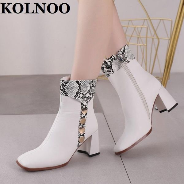 

boots kolnoo est arrival handmade ladies chunky heels ankle patchwork snake leather evening fashion shoes, Black