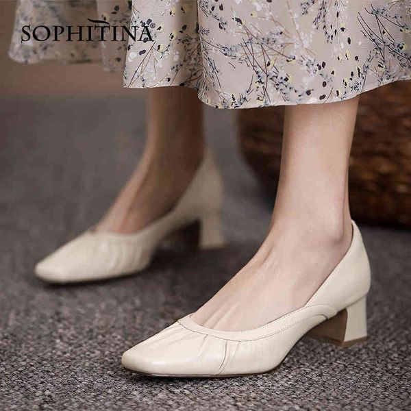 

sophitina women's shoes slip-on elastic shallow mouth pleated design fashion spring shoes low heel square toe female pumps ao276 210513, Black