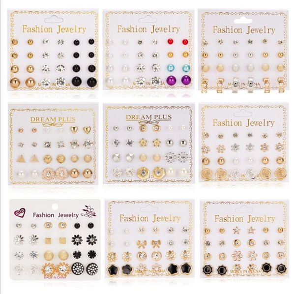 

12pairs/set fashion crystal bead charm stud earrings set for women geometric flower bowknot pearl earring statement party jewelry gift, Golden;silver