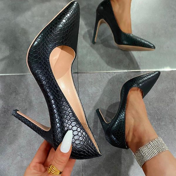 

dress shoes women solid color serpentine high heels pumps 10cm pointed toe stilettos talon slip-on vogue femme wedding tacones, Black