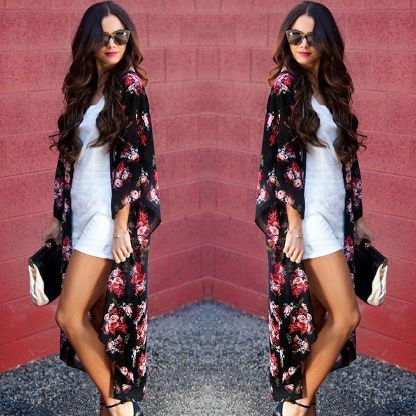 

womens summer shirts v-neck boho chiffon coat shawl kimono cardigan beach cover up blouse, White