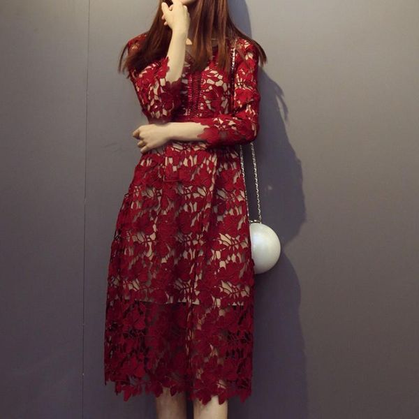 

casual dresses spring summer women party dress vintage v neck long sleeve lace hollow out elegant ladies 2021, Black;gray