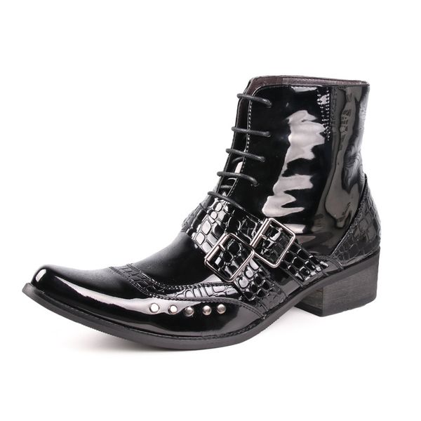 

punk style men boots patent leather pointed toe western cowboy boots fashion buckle chelsea boots men black casual shoes