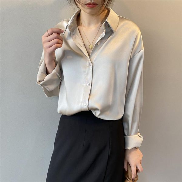 

women's blouses & shirts women satin turn down collar long sleeve womens and boho shirt blusas roupa feminina, White