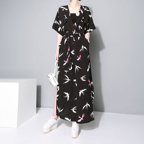 

dress msxu retro japanese kimono little swallowy down v splitting lace up dressed long summer, Black;gray