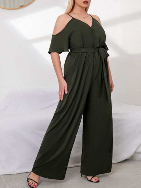 

plus cold shoulder belted culotte jumpsuit v8bu#, Black