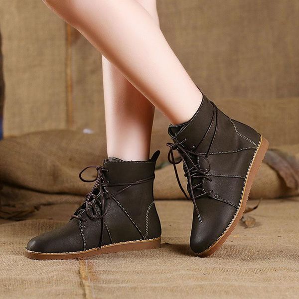 

boots female shoes genuine leather ankle for women ladies winter platform low heel lace up 2021 design, Black