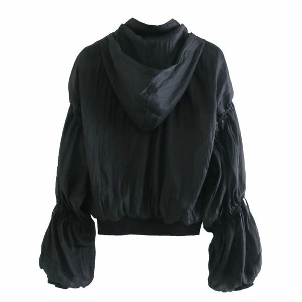 

jackets stand-up collar black women's long-sleeved retro casual loose organza adjustable drawstring chic hooded jacket female, Black;brown