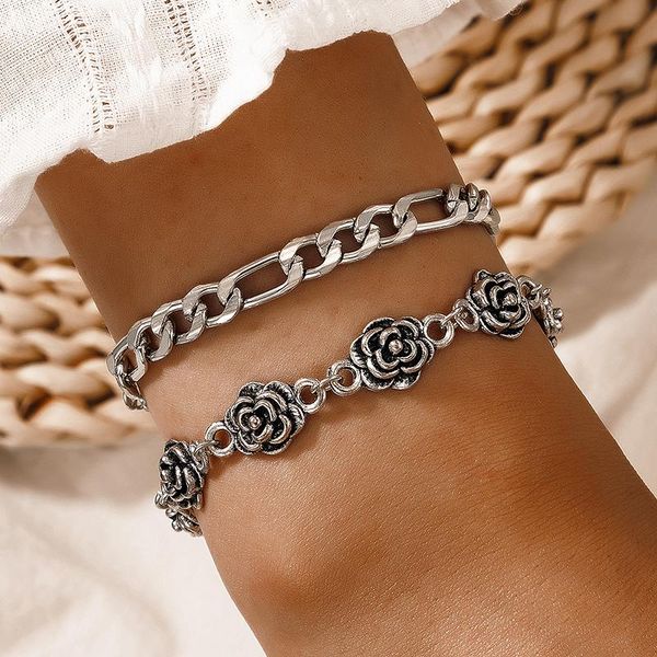 

link, chain 2pcs/set vintage silver color flowers bracelet for women charms hollow out geometry alloy metal adjustable jewelry 18228, Black