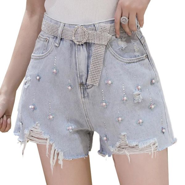 

pearl three-dimensional denim small flowers fashion shorts women's distressed wear out cowboy casual pants, White;black