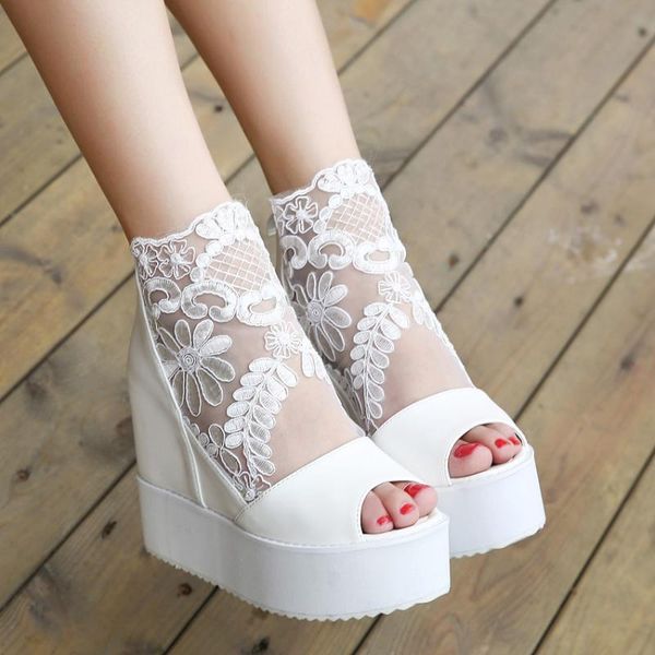 

fashion sweet lace roman shoes women wedge heels white black platform pumps high sandals wedding