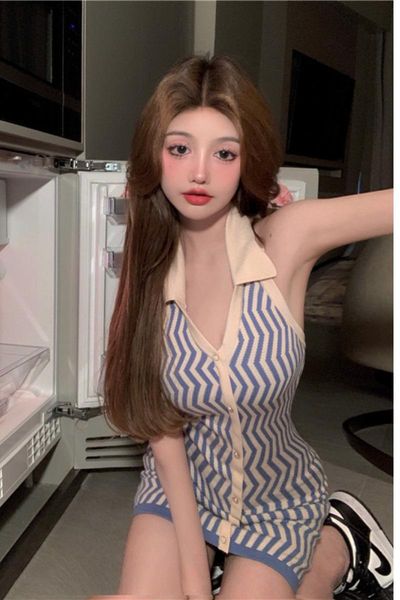 

casual dresses dress women knitted v-neck halter party fashion stripe sleeveless backless package hip slim summer thin feme mini, Black;gray