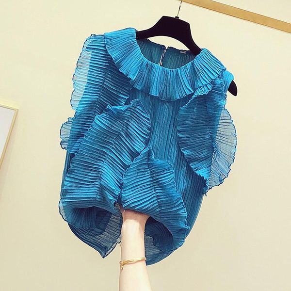 

women's blouses & shirts korean summer sleeveless shirt women elegant lotus leaf edge pleated chiffon blouse jacket girls student basic, White